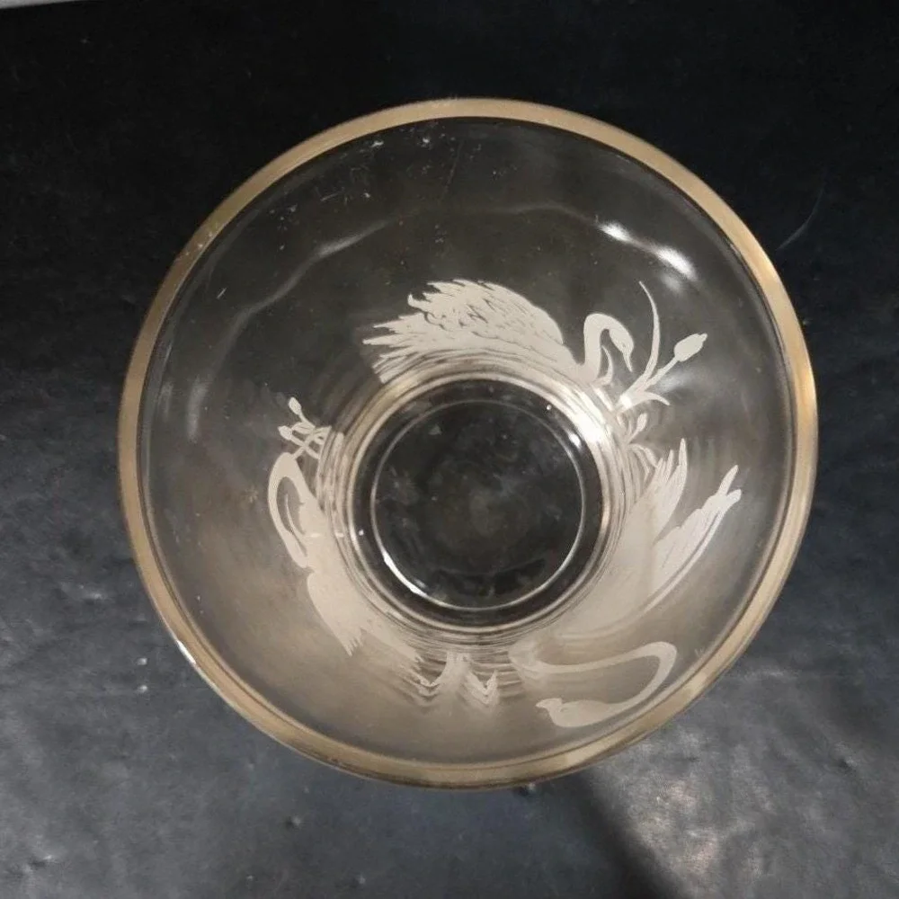 Swan Design Etched Lowball Tumbler,‎ Vintage Mid-Century Glass, Light Pink Tint